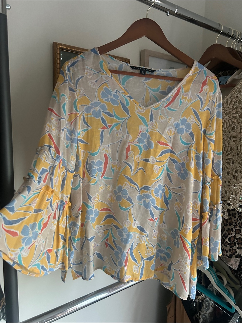 Zac & Rachel M Yellow Floral V-Neck Tiered Bell Sleeve Blouse